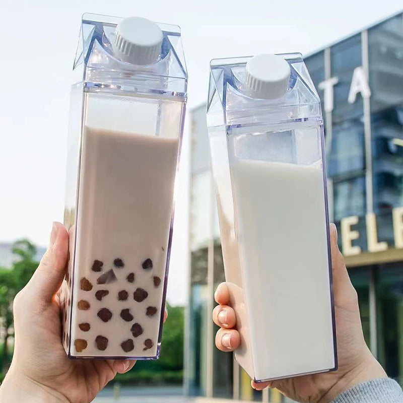 Clear milk carton-style water bottle by Belro, reusable and transparent, perfect for kitchen and dining use.