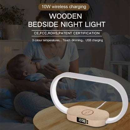 Belro alarm clock with wireless charging pad and integrated night light, digital display, and sleek black design.