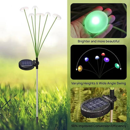 Belro Solar Jellyfish Lights outdoor, colorful jellyfish-shaped LED lights glowing in a garden setting for outdoor decoration.
