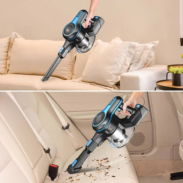 Belro cordless vacuum cleaner for home cleaning, showing its lightweight design and adjustable wand in a modern living room setting.