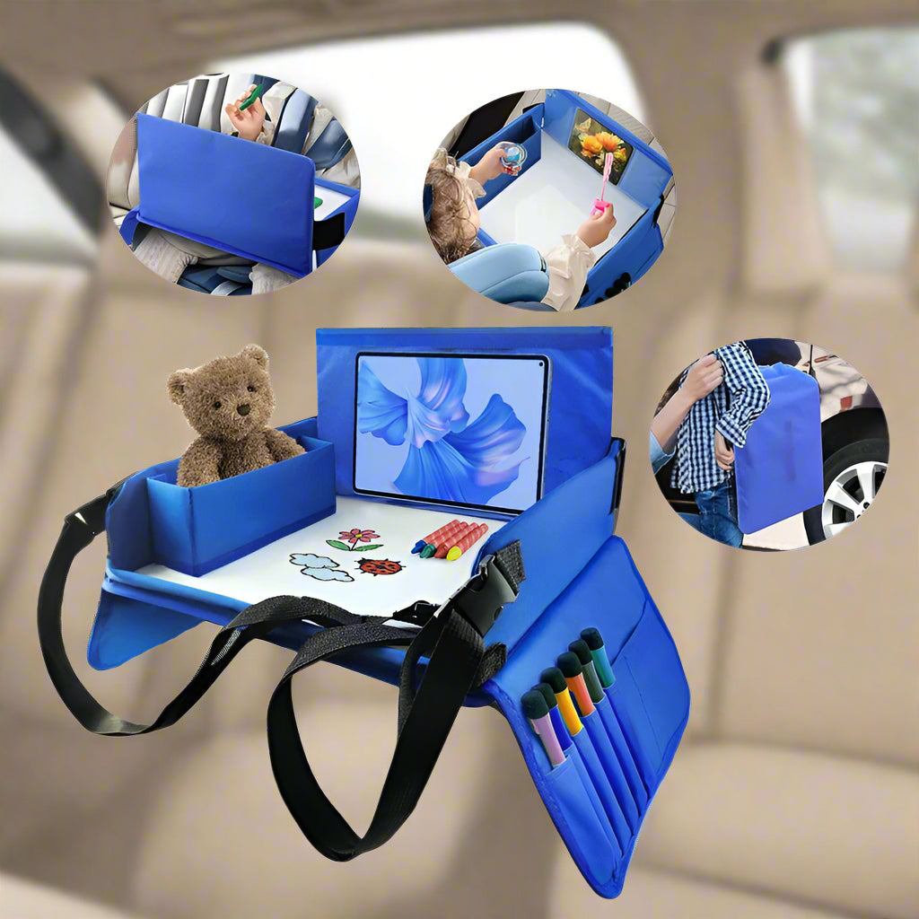 Kids travel car seat tray by Belro, portable table for children in car seats with cup holder and snack area, outdoors and travel use