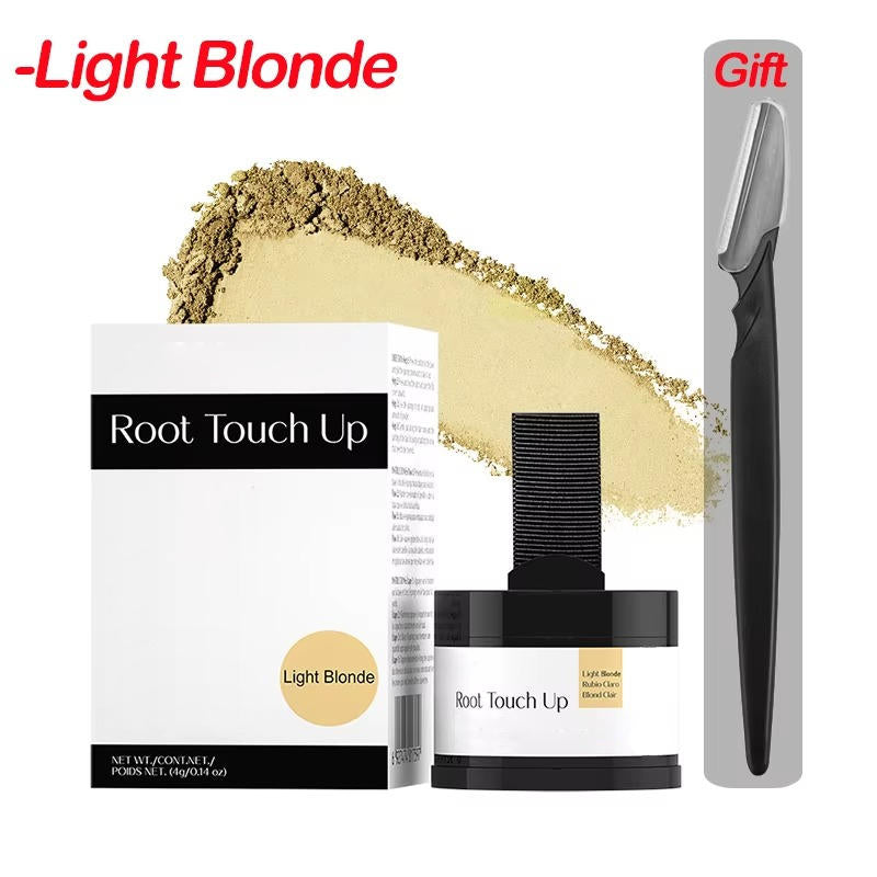 Belro hairline powder for thinning hair, close-up of application brush and product in a compact container, in a beauty hair care setting.