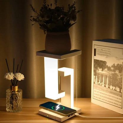 Belro floating lamp with wireless charger, modern electronic device featuring a sleek design and integrated wireless charging pad.