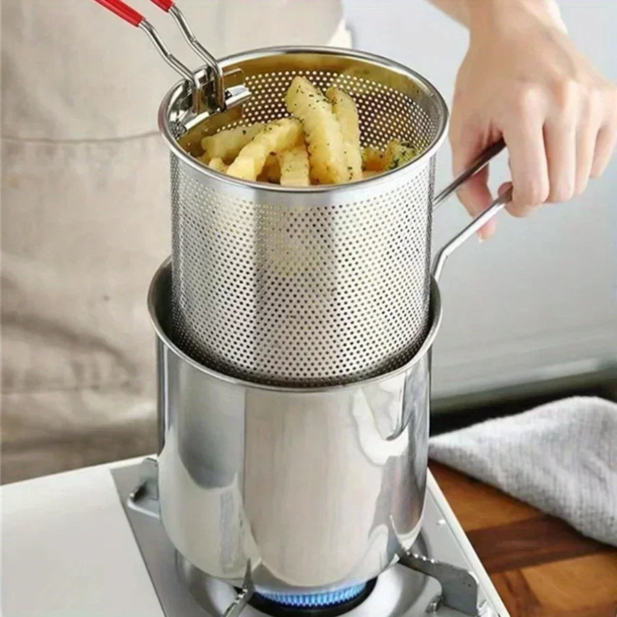 Belro 1200ML deep fryer pot with strainer for home and kitchen use, showing a stainless steel pot with a mesh strainer inside.