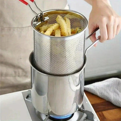 Belro 1200ML deep fryer pot with strainer for home and kitchen use, showing a stainless steel pot with a mesh strainer inside.