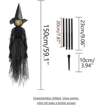 Belro sound-activated Halloween decoration featuring a hand holding a witch, suitable for indoor and outdoor spooky decor.