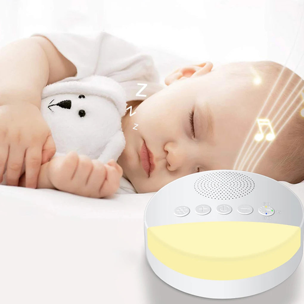 Belro baby white noise machine in white with control buttons, designed to soothe infants and aid sleep in health and beauty.