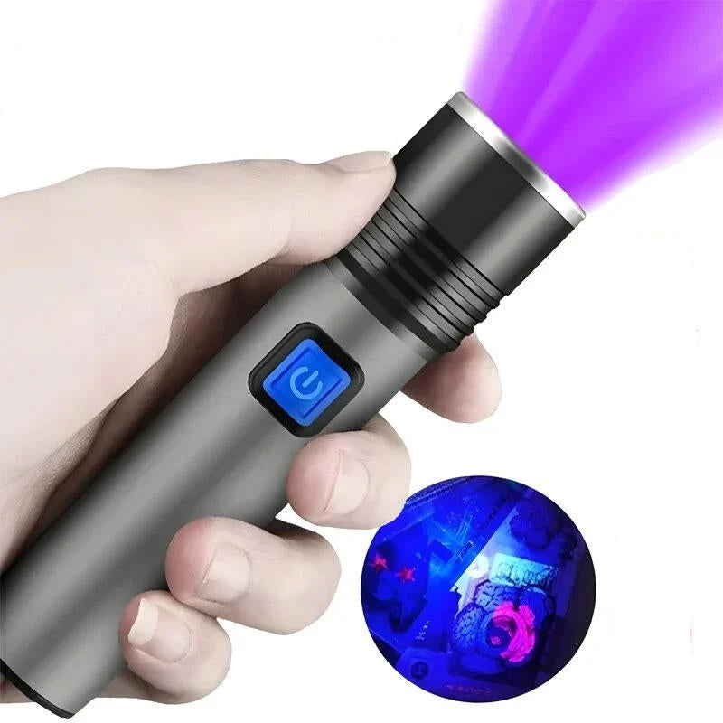 Belro black light flashlight with ergonomic handle and focused beam, ideal for detecting UV-reactive materials and outdoor use.