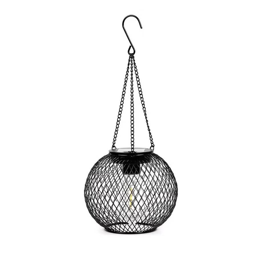 Belro outdoor solar hanging lantern with illuminated glass design hanging from an umbrella in a garden setting.