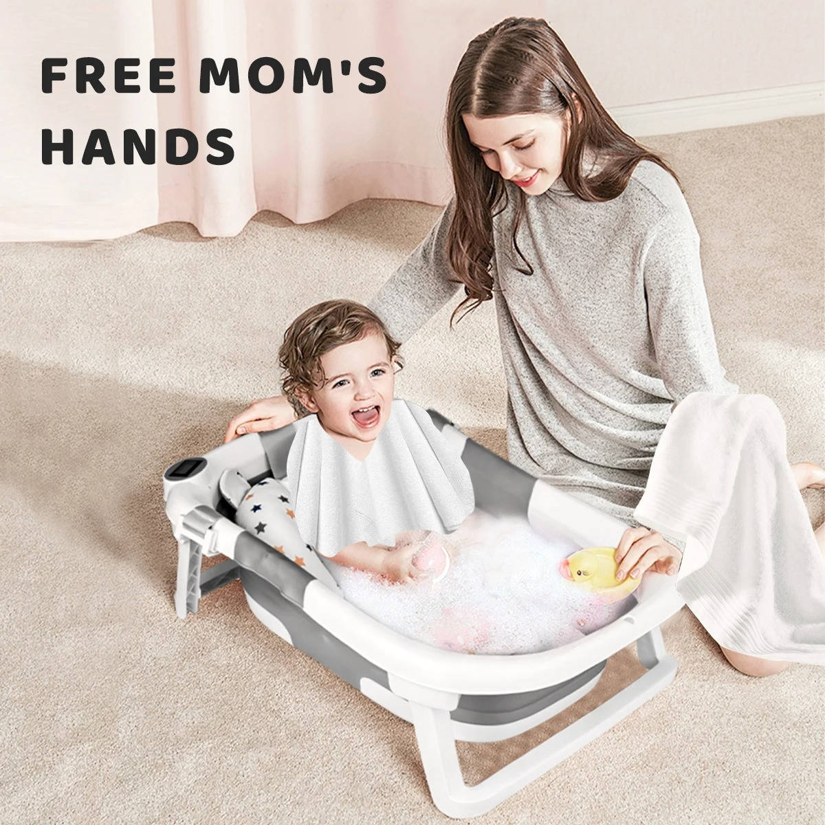Foldable Belro baby bath tub for newborns, showing soft interior and foldable design in a clean bathroom setting.
