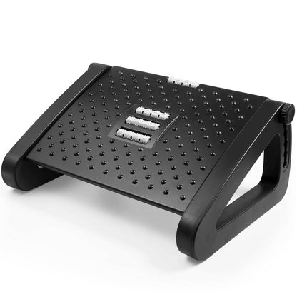 Belro under desk foot rest for home and office, cushioned support with adjustable height, placed under a modern office desk.