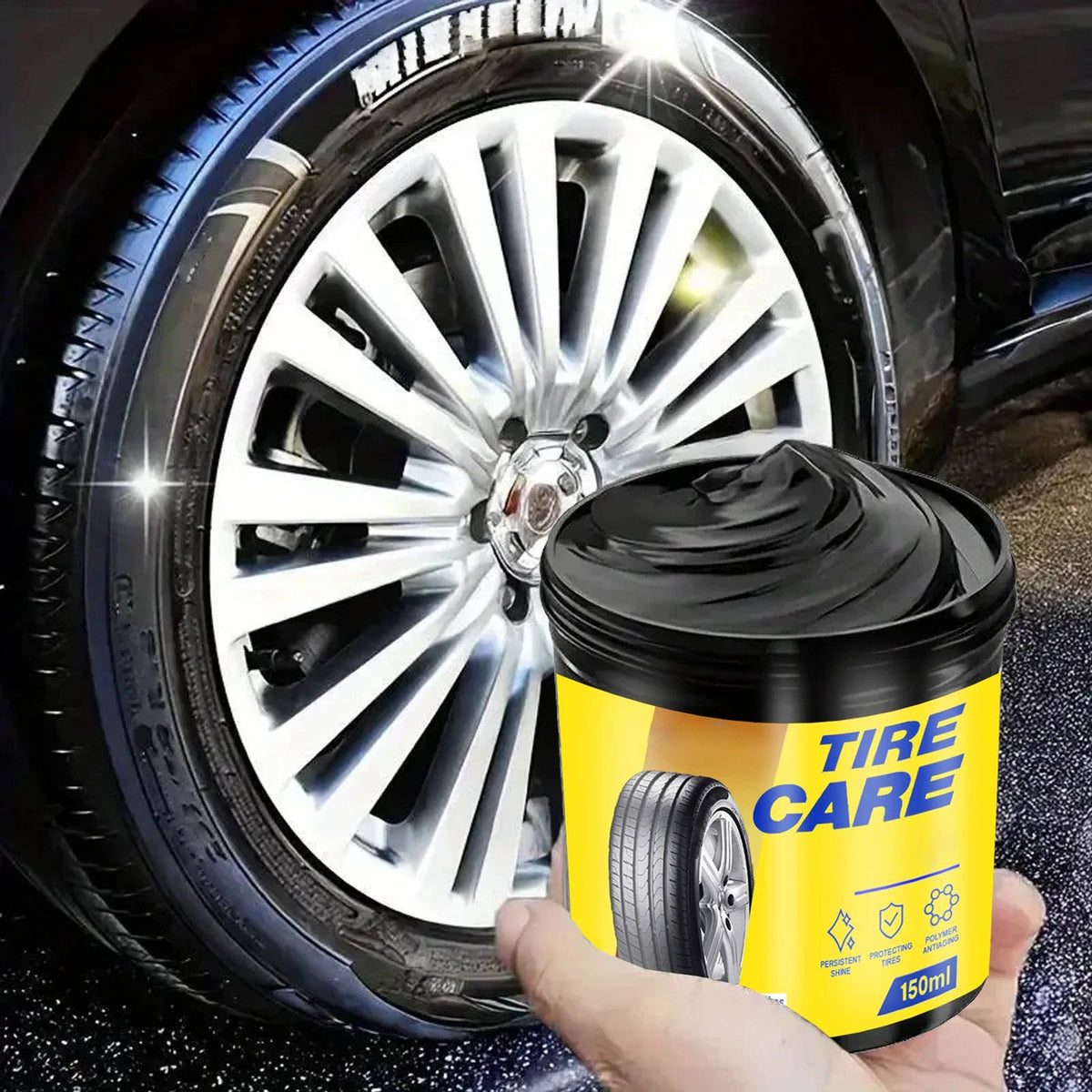 Belro long-lasting tire shine applied to car tires, enhancing gloss and protection for a sleek, polished look.