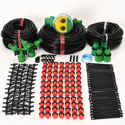 Belro drip irrigation system with automatic timer, tools and hardware for efficient garden watering setup.