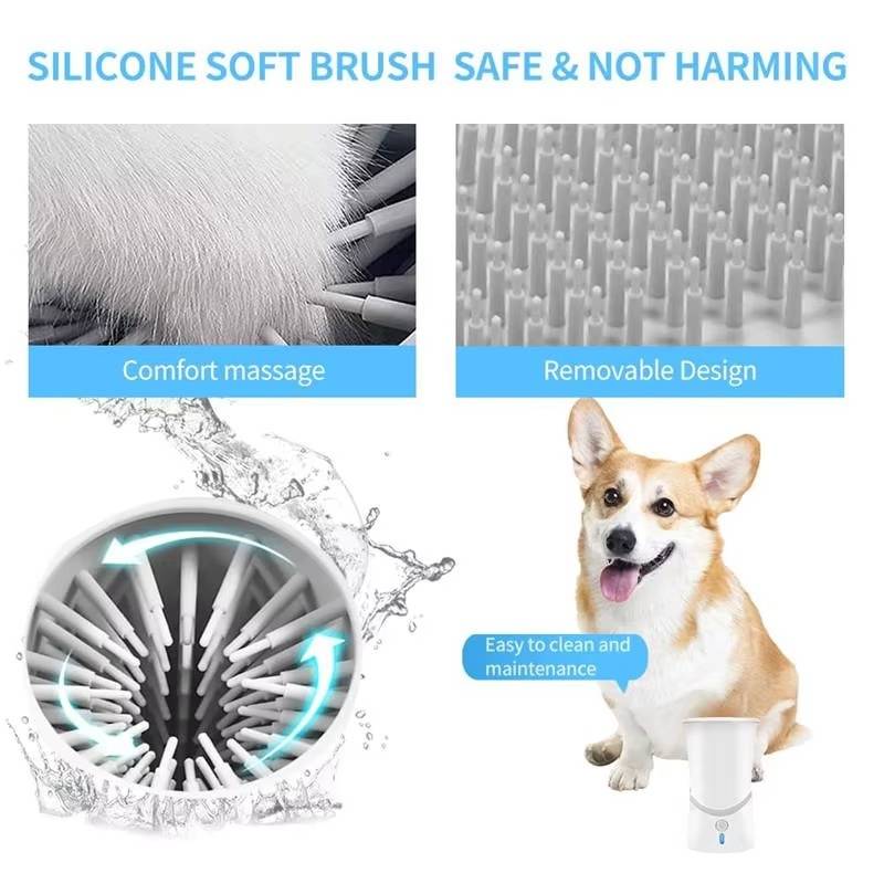 Belro automatic dog paw cleaner showing a pet paw being gently cleaned with the device in use.
