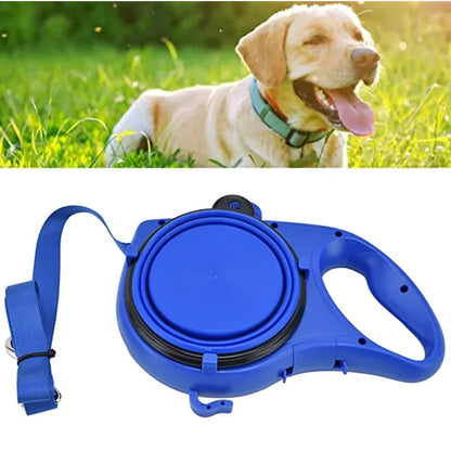Belro 4-in-1 multifunctional dog leash with water bottle and bowl, shown in use with a dog during outdoor walk.