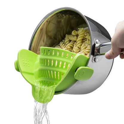 Belro universal silicone pot pasta strainer clip-on colander in vibrant red for easy draining over pots in kitchen.