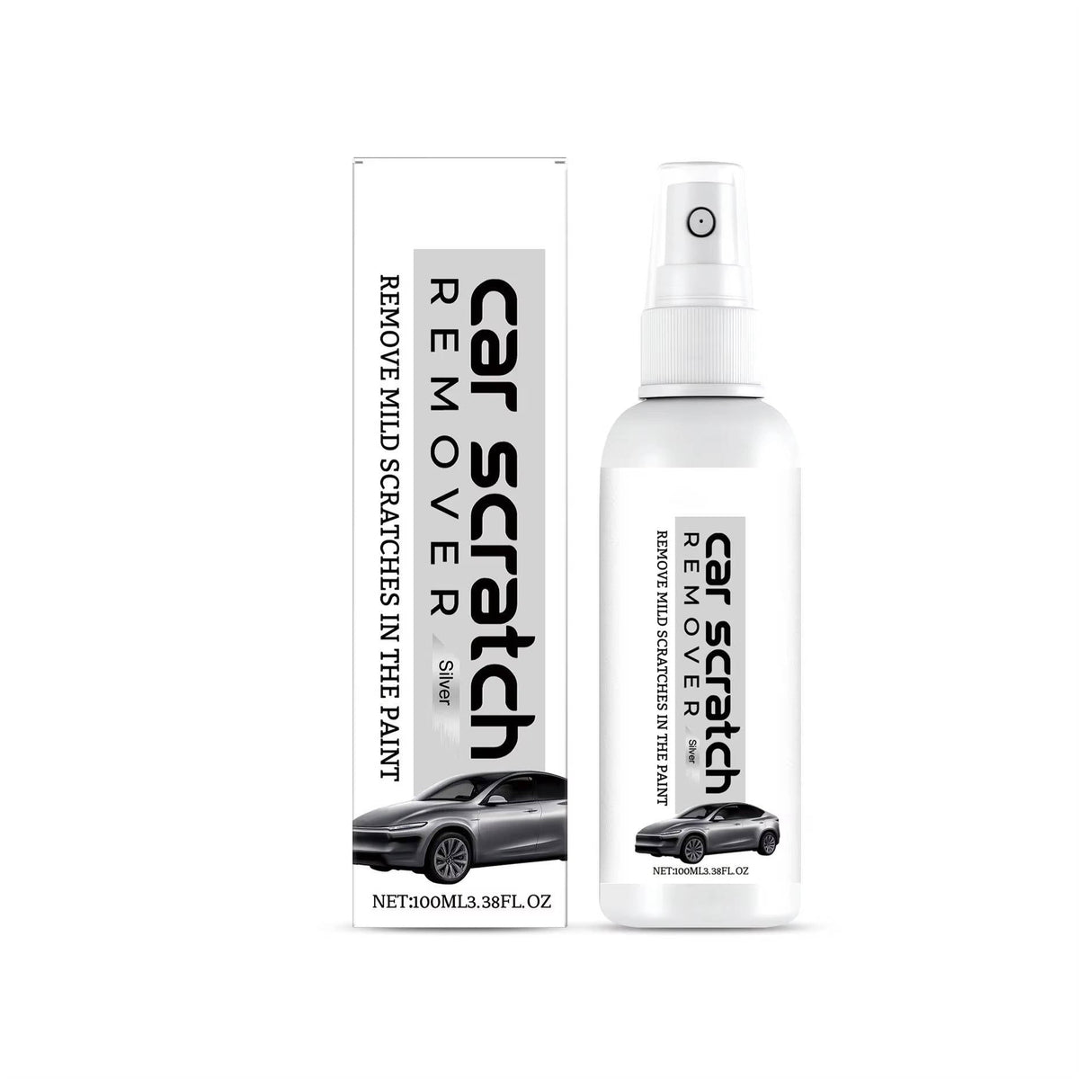 Belro car scratch remover spray for home and garden, showing the spray bottle and application process on a car surface.