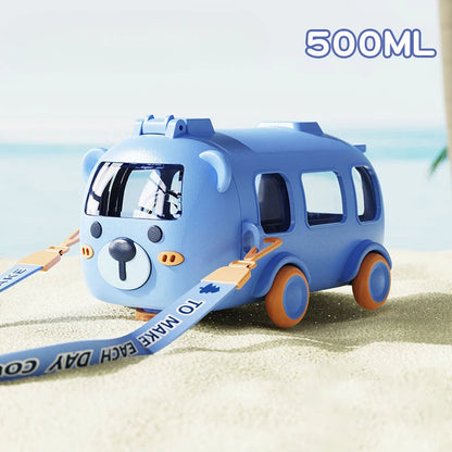 Belro cartoon toy bus water bottle with straw, colorful kids' drinking bottle for home and outdoor use