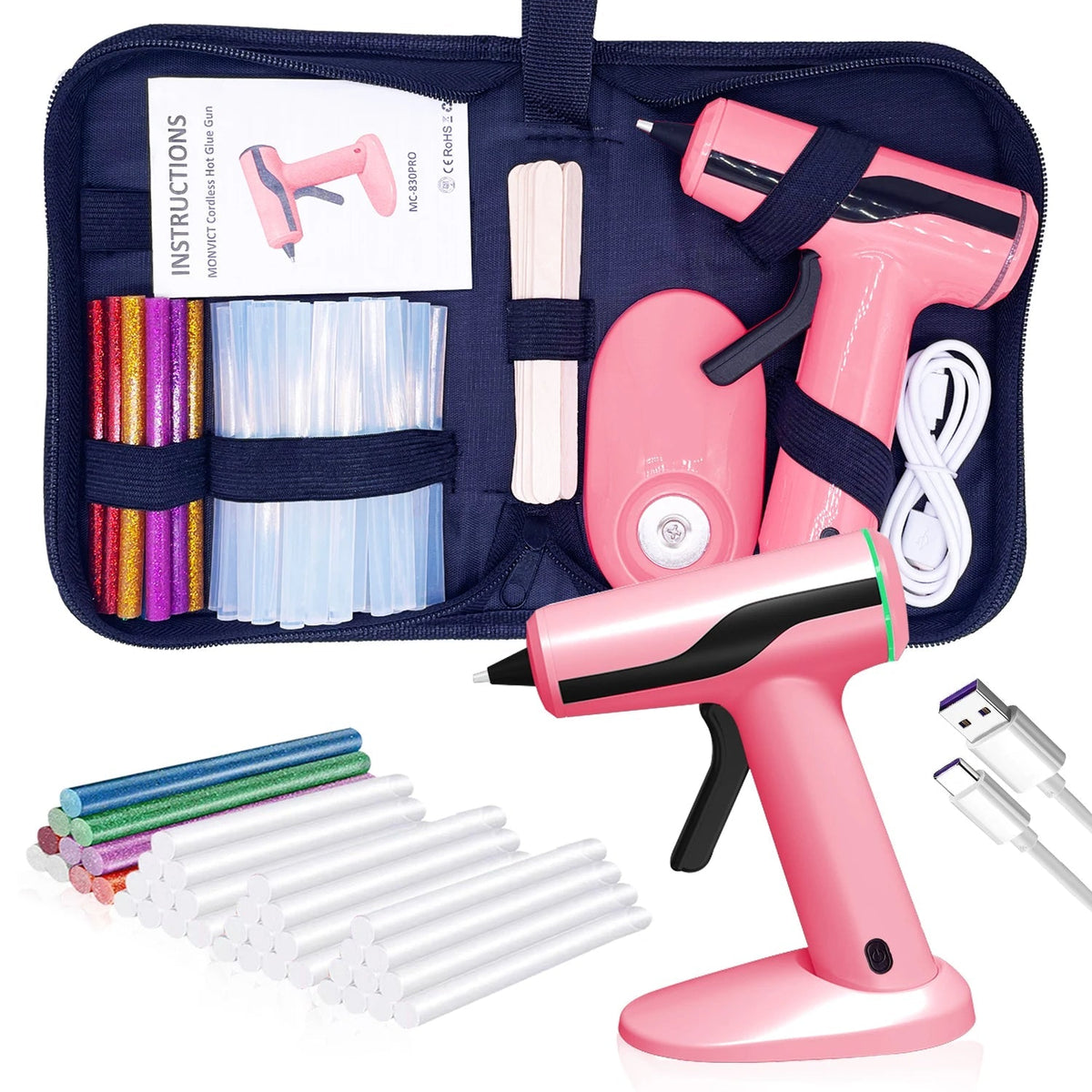 Pink cordless hot glue gun kit by Belro designed for men, showing the glue gun and accessories in a close-up view.