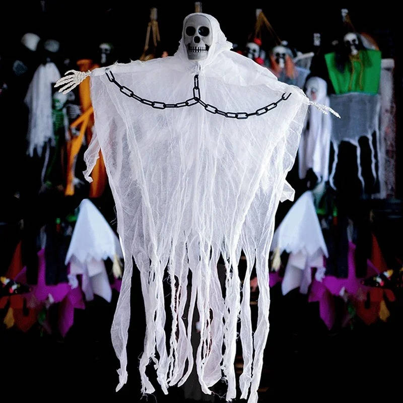 Belro Halloween hanging ghost decoration featuring a spooky skull design, perfect for haunted house costumes and spooky decor.