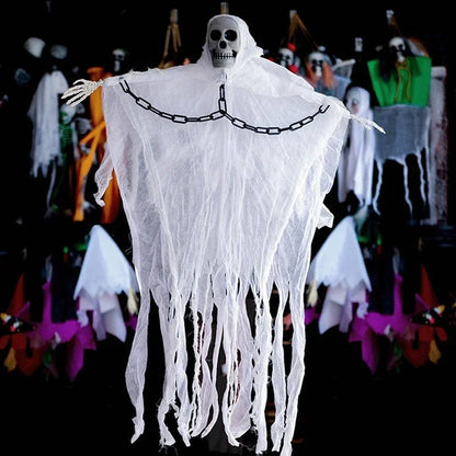 Belro Halloween hanging ghost decoration featuring a spooky skull design, perfect for haunted house costumes and spooky decor.