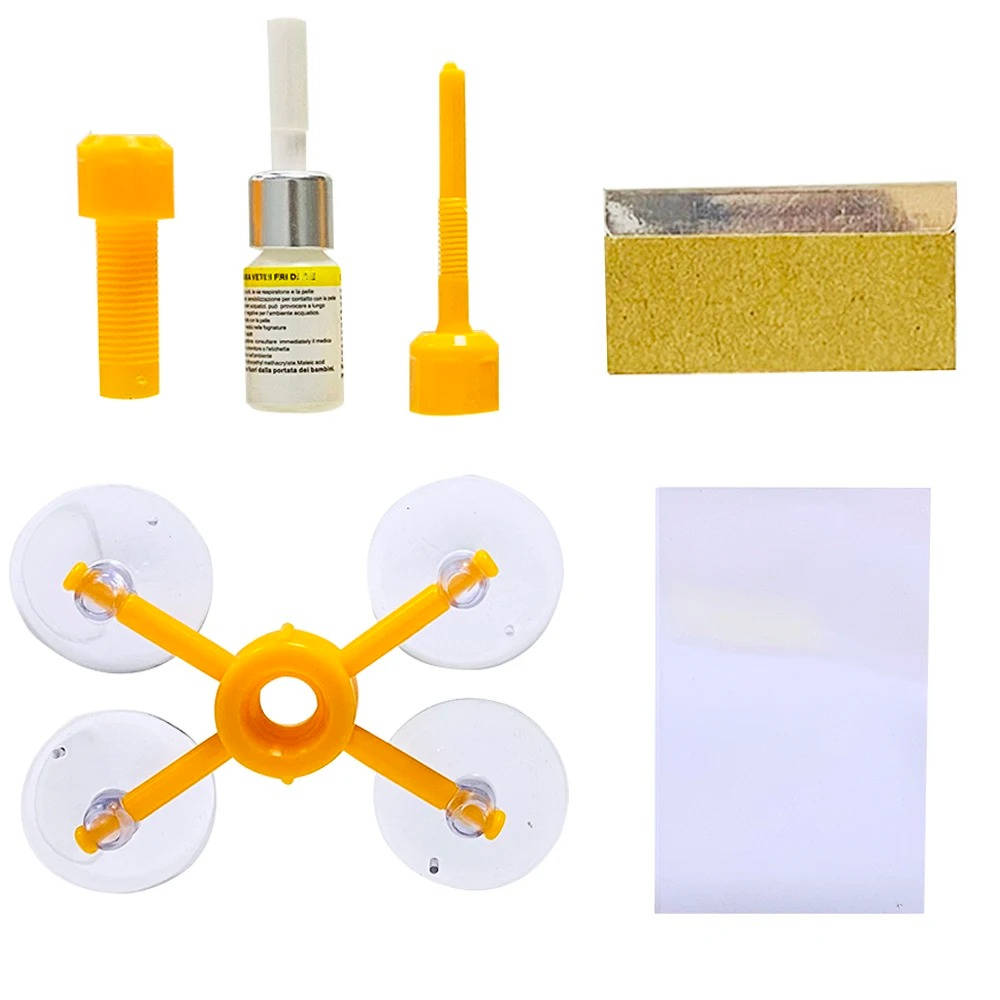 Belro glass crack repair kit for home and garden decor, showing tools and materials for fixing cracked glass surfaces.