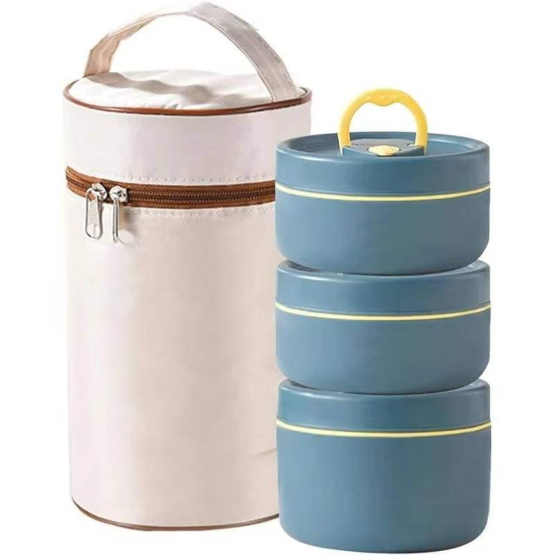 Belro stainless steel insulated lunch box set with multiple compartments and a carrying bag, ideal for food storage and transport.