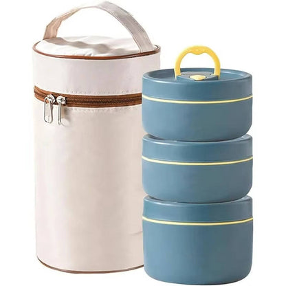 Belro stainless steel insulated lunch box set with multiple compartments and a carrying bag, ideal for food storage and transport.