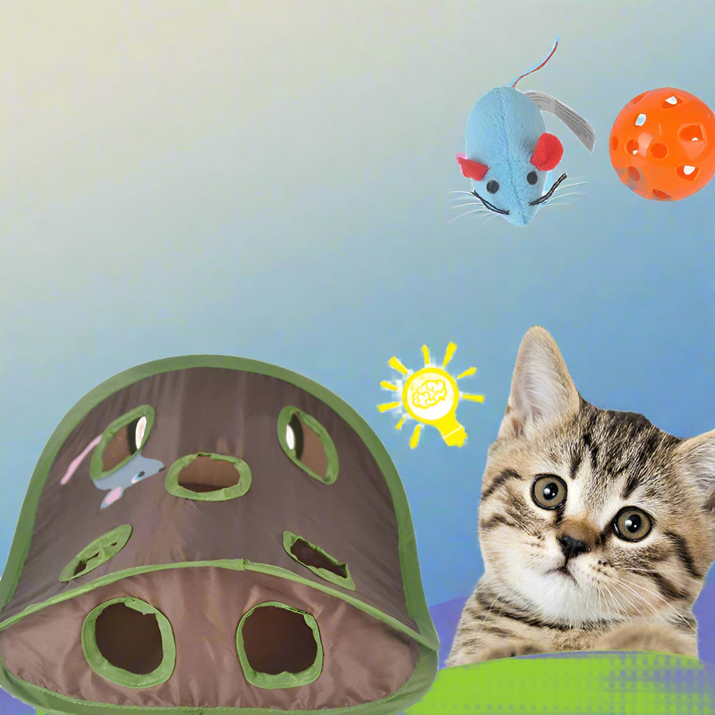 Belro 9-hole tunnel cat mice game with colorful fabric tunnels and plush mice toys for cats to play and explore.