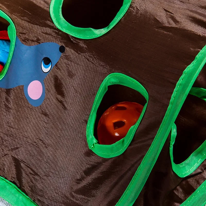 Belro 9-hole tunnel cat mice game toy for cats, featuring a fabric tunnel with multiple openings for playful exploration.
