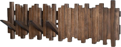 Belro natural wood wall-mounted coat hook rack with flip-down coat holder for jackets and coats, mounted on a wall.