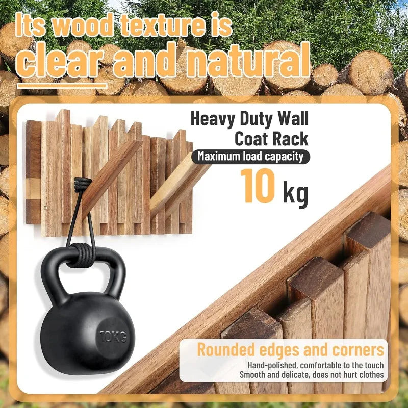 Rustic wall-mounted coat rack by Belro with 8 flip hooks for jackets and coats, mounted on a wooden wall.