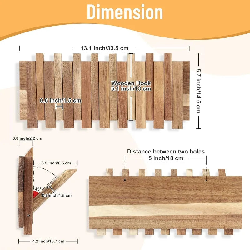 Rustic Belro wall-mounted coat rack with 8 flip hooks for jackets and coats, made of wood with a natural finish.