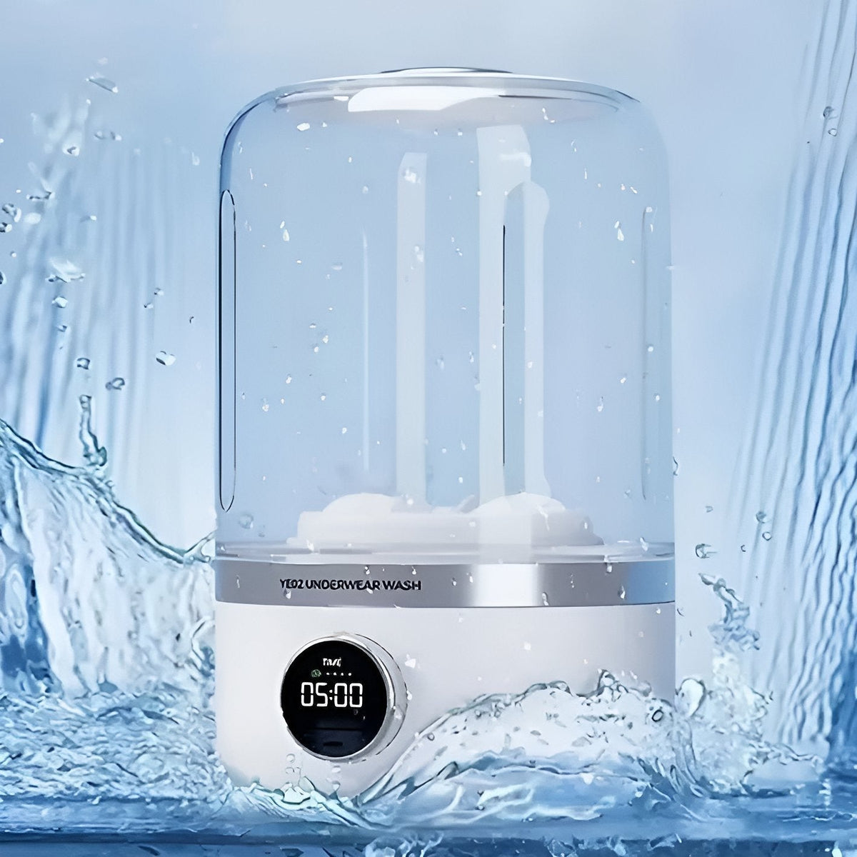 Mini rechargeable washing machine by Belro for outdoor use, compact design ideal for small laundry loads in home and garden settings.