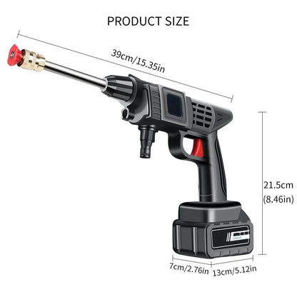 Belro cordless high pressure spray water gun set for cleaning cars, patios, and garden furniture, shown in use outdoors.
