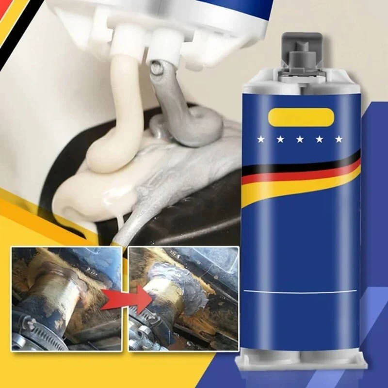 Belro metal repair glue applied to a metal surface, showing its use as a strong bonding tool in tools and hardware repair.