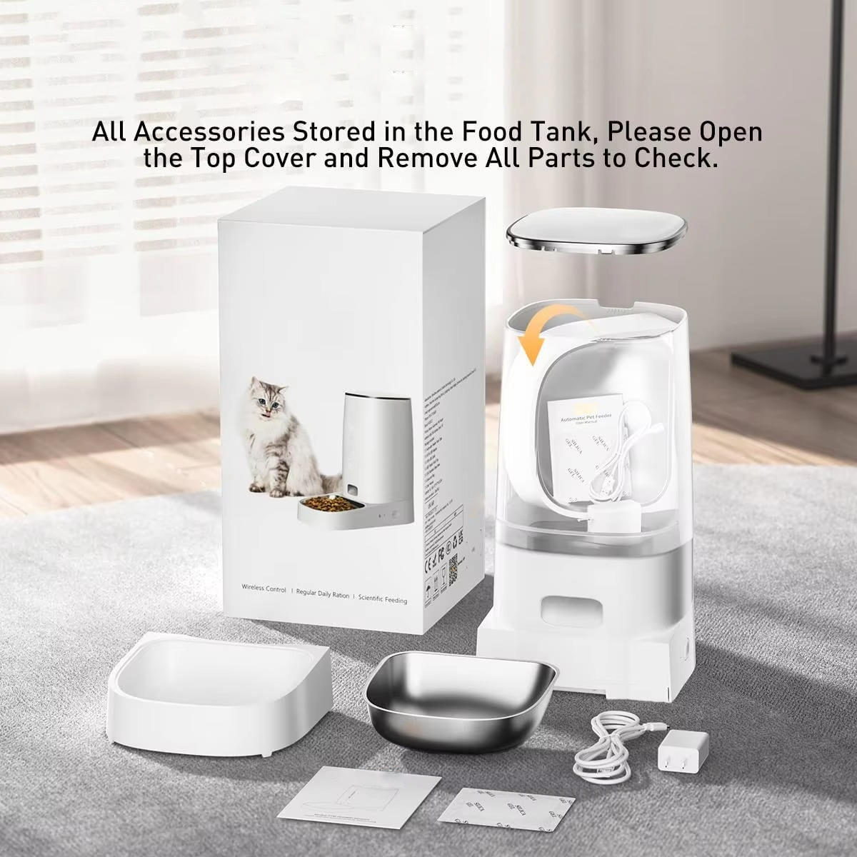 Belro automatic cat feeder in use, showcasing its sleek design and food dispensing tray for pet feeding convenience.