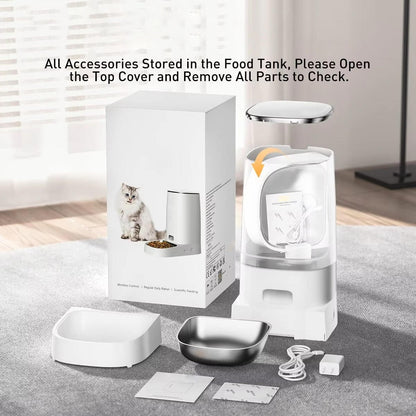 Belro automatic cat feeder in use, showcasing its sleek design and food dispensing tray for pet feeding convenience.