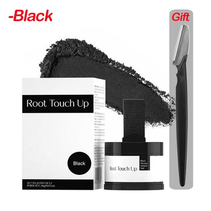 Belro hairline powder for thinning hair, close-up of the product container with application brush and natural hair in background.