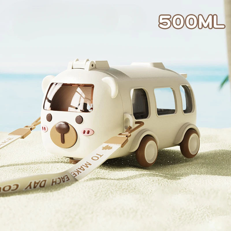 Belro cartoon toy bus water bottle with straw, colorful plastic tumbler designed for kids, suitable for kitchen and dining use