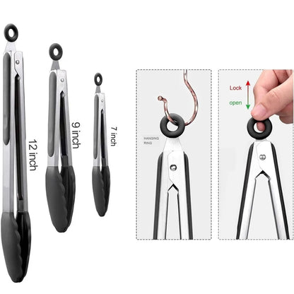 Set of three Belro silicone kitchen tongs with black handles, ideal for cooking and serving in the kitchen.