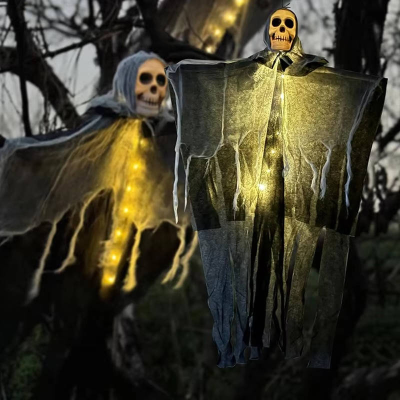 Belro glowing skull Halloween outdoor decorations set of two, with eerie skulls emitting a spooky glow for yard decor.