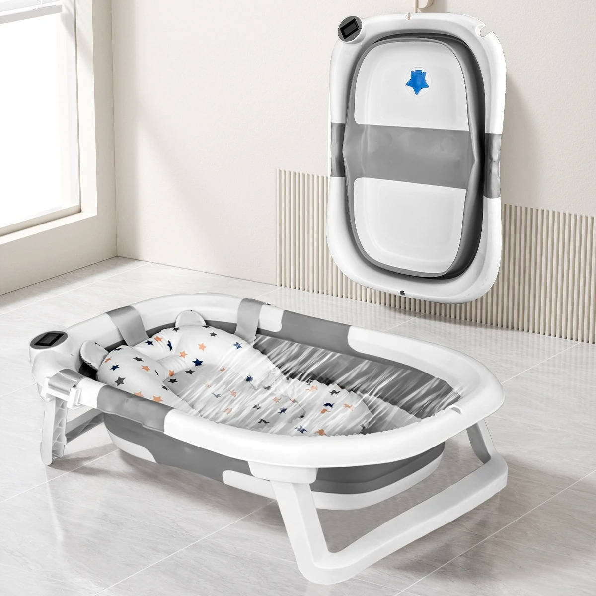 Foldable Belro newborn baby bathing tub with soft interior and foldable design for easy storage and safe bathing.