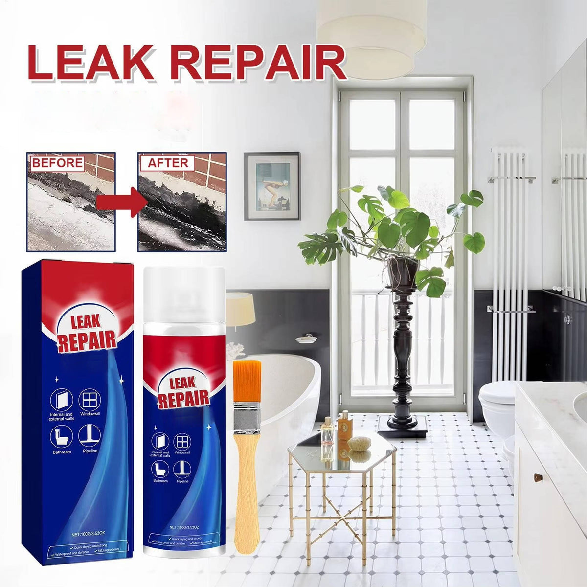 Belro 2-pack waterproof leak repair sealant spray for all-purpose sealing, shown in a spray bottle with nozzle and label.