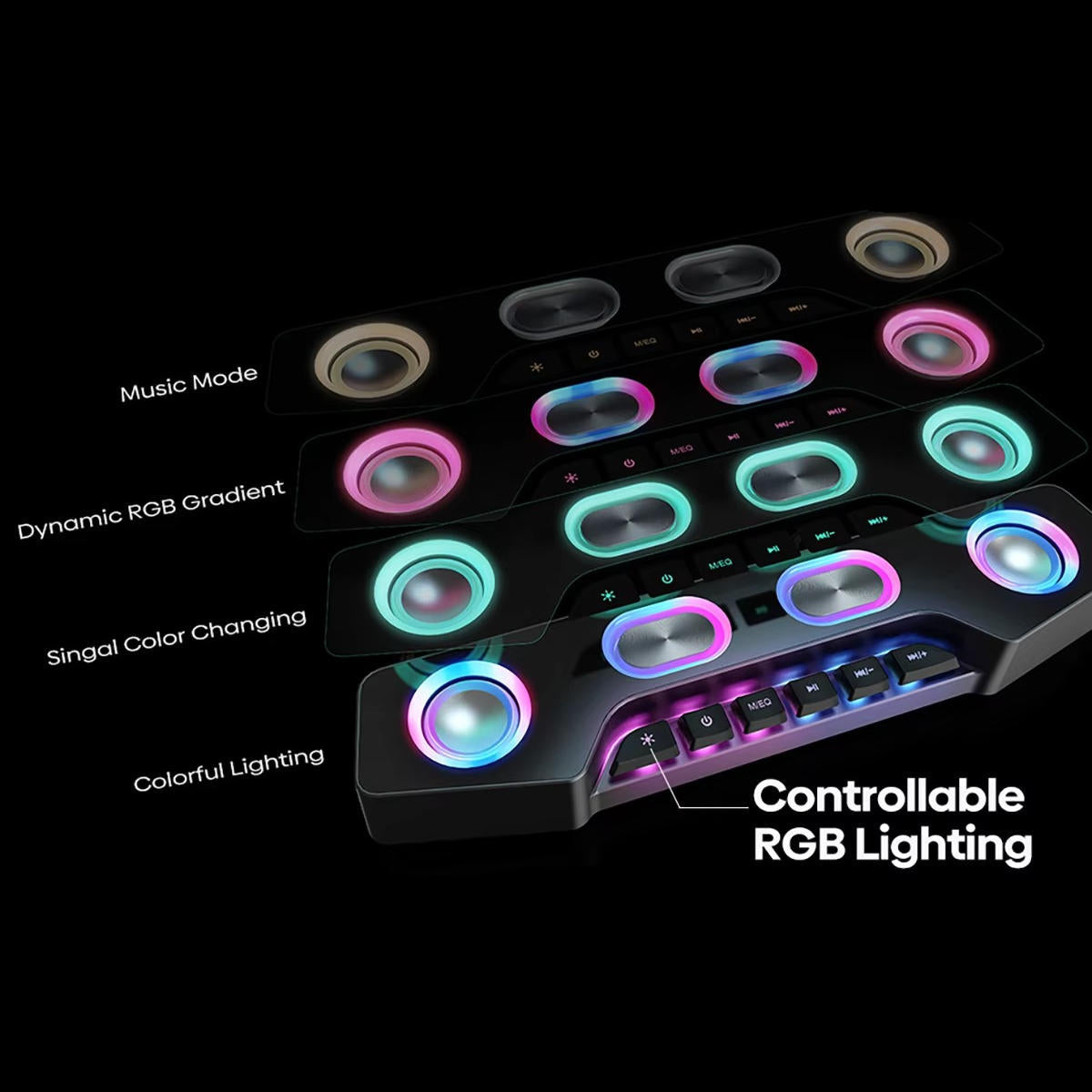 Wireless RGB computer speakers by Belro with sleek black design and colorful LED lighting, perfect for enhanced audio experience.