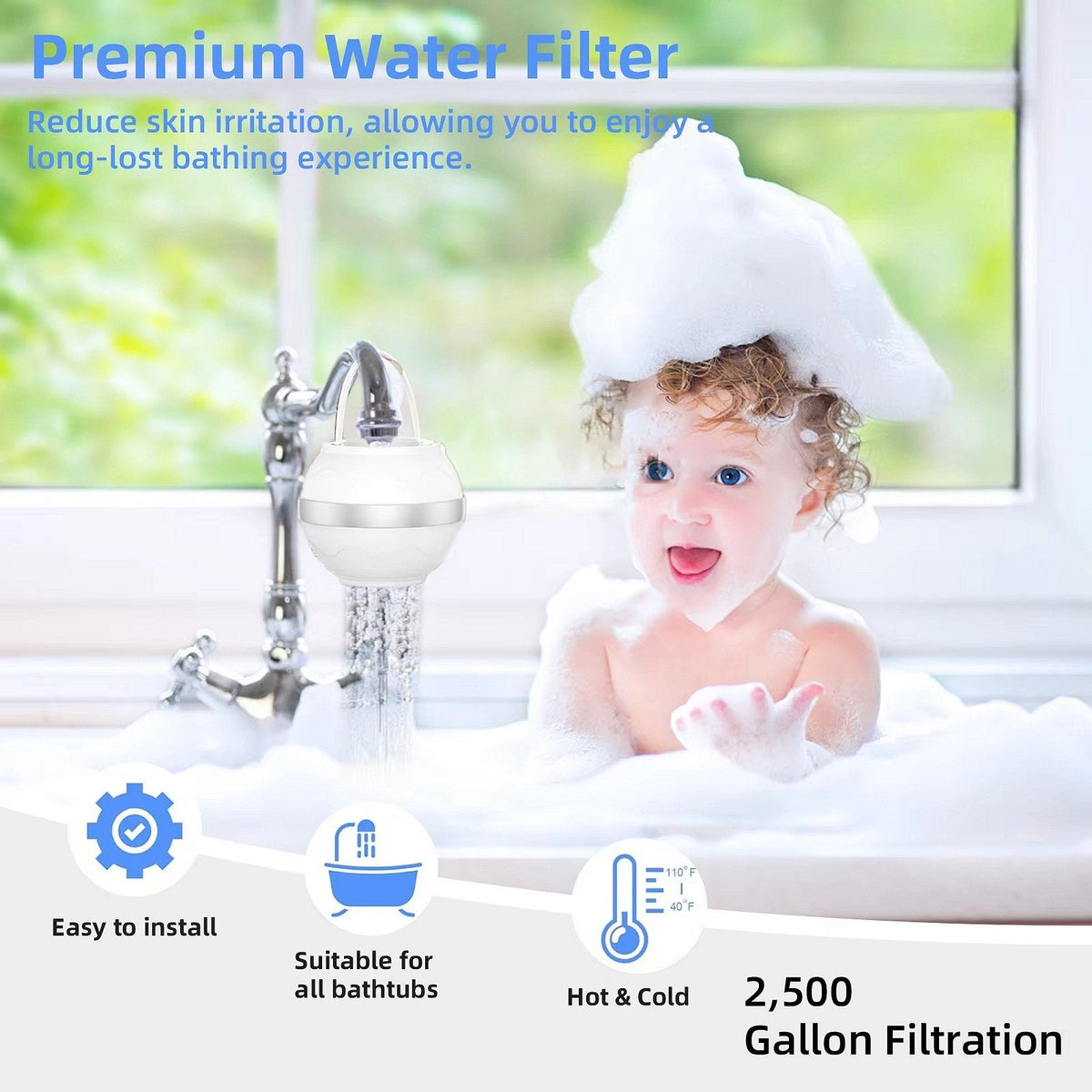 Belro bath filter for tub installed on a bathtub faucet, showcasing the hardware tool designed for water filtration in the bathroom.