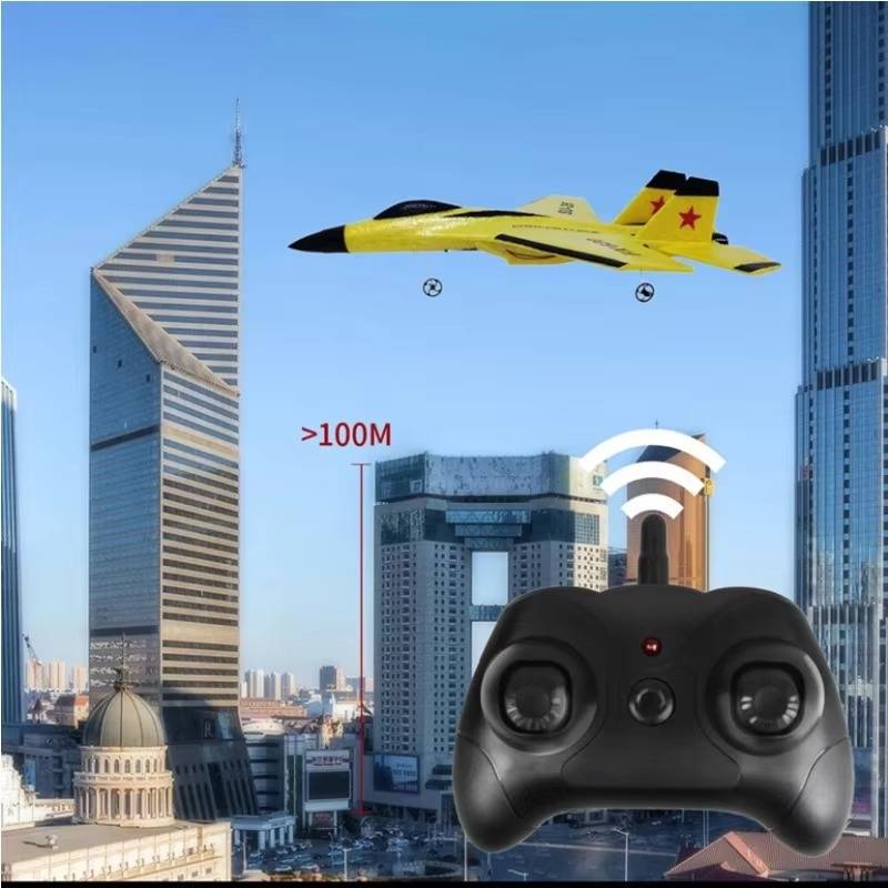 Belro RC airplane for beginners, toy aircraft with remote control, ideal for kids and new flyers, shown in mid-flight.