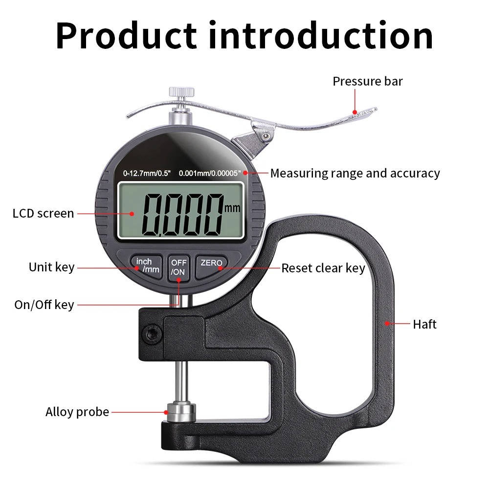 Belro thickness gauge measuring paper, cloth, or metal with precision to 0.001mm in a tools and hardware setting.