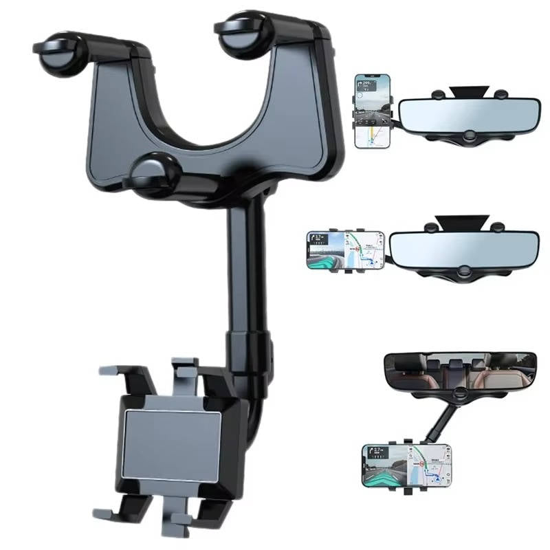 Belro rotatable and retractable car phone holder mounted on a vehicle dashboard, showcasing adjustable design and secure grip.