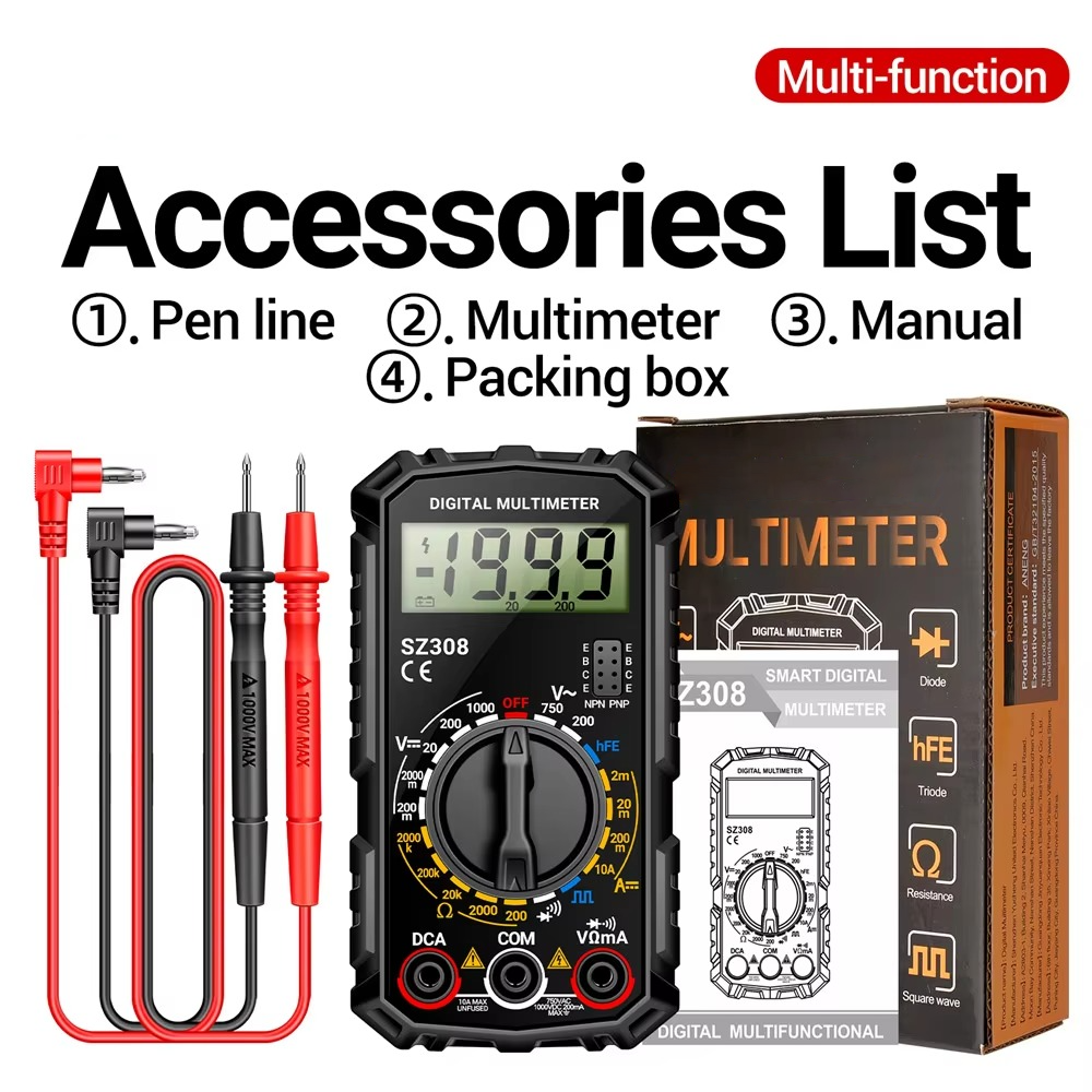 Belro electrical test kit with digital multimeter displaying voltage readings and testing leads for electronics troubleshooting.